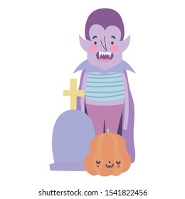 happy halloween celebration boy dracula gravestone and pumpkin vector illustration