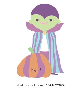happy halloween celebration boy green monster with cape costume and pumpkin vector illustration