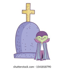happy halloween celebration boy monster costume with tombstone vector illustration