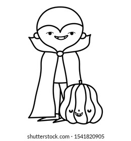 happy halloween celebration boy monster with cape costume and pumpkin vector illustration line style