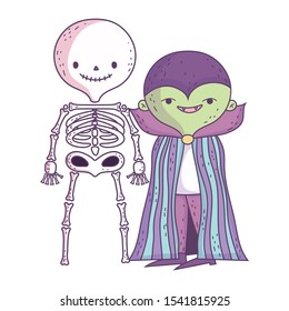 happy halloween celebration boys skeleton and monster costume vector illustration