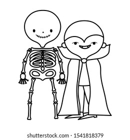 happy halloween celebration boys skeleton and monster costume vector illustration line style