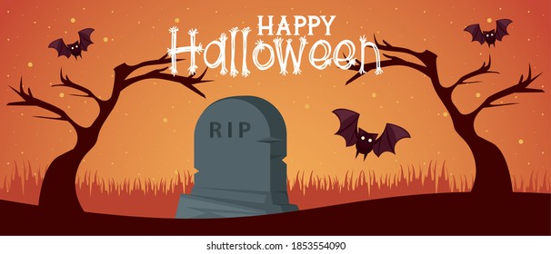 happy halloween celebration card with bats flying in cemetery vector illustration design