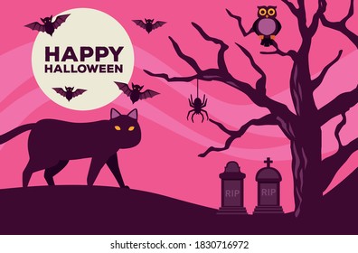 happy halloween celebration card with cat and bats in cemetery scene vector illustration design