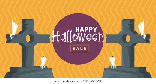 happy halloween celebration card with cemetery tombs and candles vector illustration design