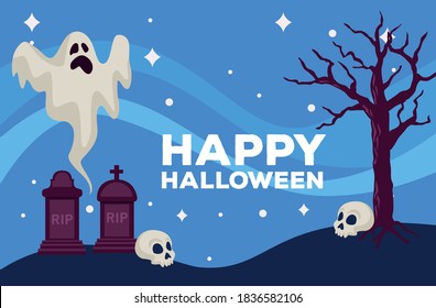 happy halloween celebration card with ghost in cemetery scene vector illustration design