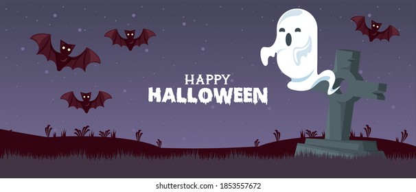 happy halloween celebration card with ghost and bats in cemetery vector illustration design