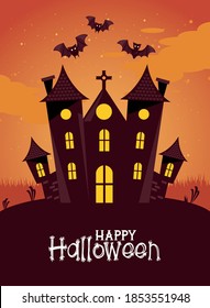 happy halloween celebration card with haunted castle and bats vector illustration design