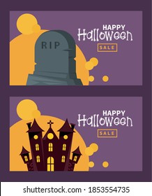 happy halloween celebration card with haunted castle and tomb stone vector illustration design