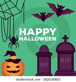 happy halloween celebration card with pumpkin and bats in cemetery scene vector illustration design