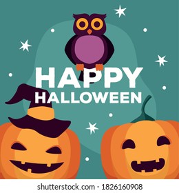 happy halloween celebration card with pumpkins and owl vector illustration design