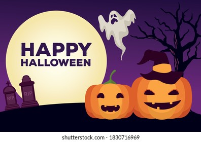 happy halloween celebration card with pumpkins and ghost vector illustration design