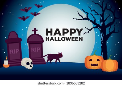 happy halloween celebration card with pumpkins in cemetery vector illustration design