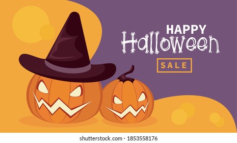 happy halloween celebration card with pumpkins wearing witch hat vector illustration design