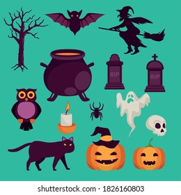 happy halloween celebration card with set icons vector illustration design