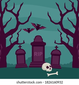 happy halloween celebration card with skull and bats in cemetery scene vector illustration design