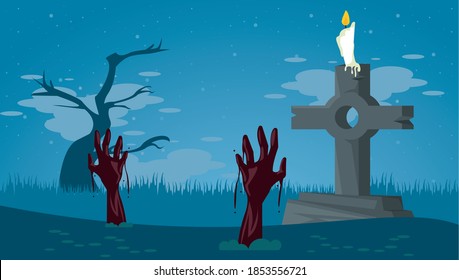 happy halloween celebration card with zombies hands in tomb cemetery vector illustration design