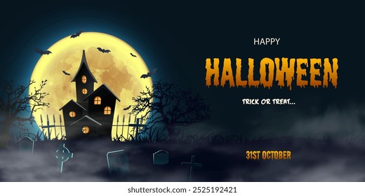 Banner de desenho animado de celebração de Halloween feliz. Convite, venda, panfleto de desconto com casa assombrada e lua cheia com morcegos e túmulos assustadores ao redor.