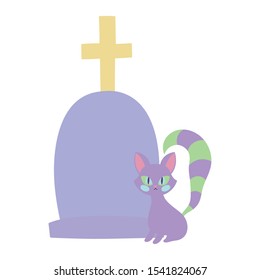 happy halloween celebration cat and tombstone with cross vector illustration
