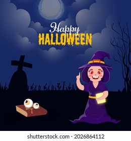 Happy Halloween Celebration Concept With Cartoon Witch Character On Full Moon Cemetery Background.