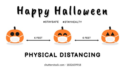Happy halloween celebration concept design with stay safe, physical or social distancing message during coronavirus pandemic. Pumpkin icon with medical mask isolated on white background.