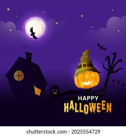 Happy Halloween Celebration Concept With Jack-O-Lantern Wear Witch Hat, House And Bats Flying On Purple Full Moon Background.