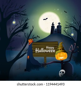 Happy Halloween celebration design with illustration of zombie jack-o-lantern, cartoon character of vampire and haunted house on full moon night background.