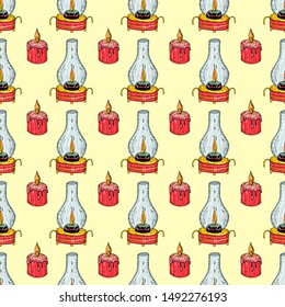 Happy Halloween celebration design vector illustration. Seamless pattern with red burning candles and lamps on a light yellow background. Endless texture for design.