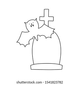 happy halloween celebration flying bat and gravestone cross vector illustration line style
