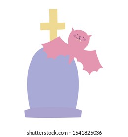 happy halloween celebration flying bat and gravestone cross vector illustration