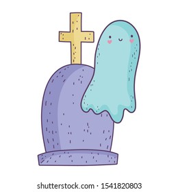 happy halloween celebration ghost gravestone cross cemetery vector illustration