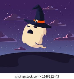 happy halloween celebration. Ghost with witch hat.