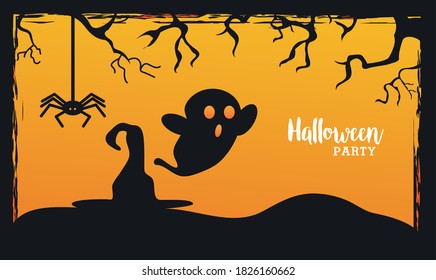 happy halloween celebration with ghost and witch hat scene vector illustration design