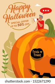 Happy Halloween celebration with giant pumpkin. banners special offer invitation. Vector illustration.