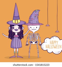 happy halloween celebration girl with hat witch and skeleton vector illustration