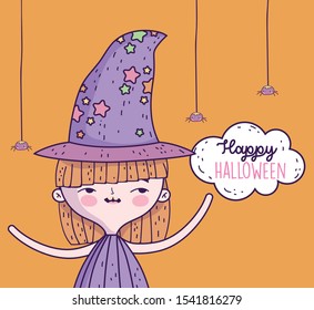 happy halloween celebration girl with hat witch and hanging spiders vector illustration
