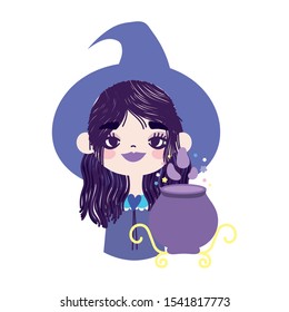 happy halloween celebration girl with hat witch cauldron spell vector illustration