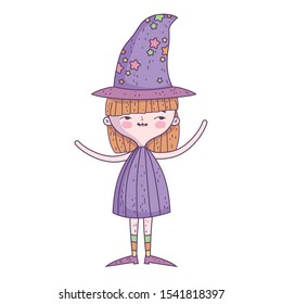 happy halloween celebration girl with hat costume vector illustration