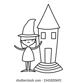 happy halloween celebration girl with hat witch and castle vector illustration line style