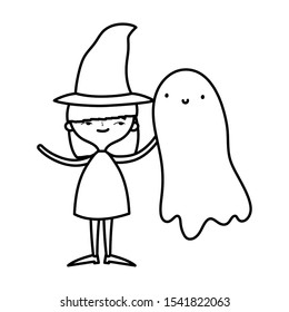 happy halloween celebration girl with hat costume and ghost vector illustration line style