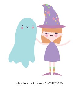 happy halloween celebration girl with hat costume and ghost vector illustration