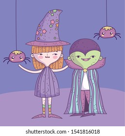 happy halloween celebration girl witch and boy monster with spiders vector illustration