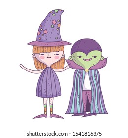 happy halloween celebration girl witch and boy monster vector illustration
