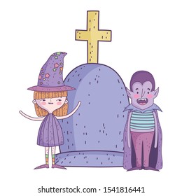 happy halloween celebration girl witch and boy dracula with tombstone vector illustration