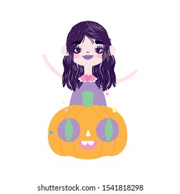 happy halloween celebration girl witch and pumpkin vector illustration happy halloween celebration girl witch and pumpkin vector illustration