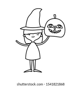 happy halloween celebration girl witch and pumpkin vector illustration line style