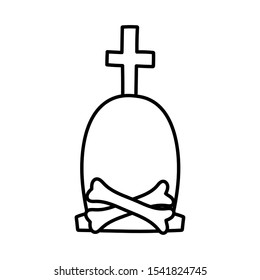 happy halloween celebration gravestone cross cemetery bones vector illustration line style