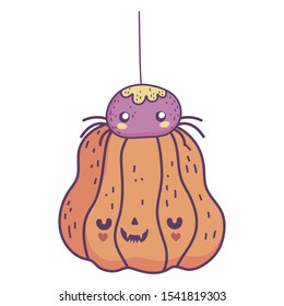 happy halloween celebration hanging cute spider pumpkin vector illustration
