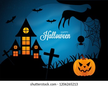 Happy Halloween celebration, haunted house and scary pumpkins on night view background.