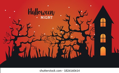 happy halloween celebration with house haunted and trees scene vector illustration design